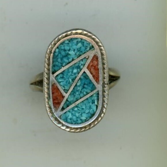 Vintage Jewelry - Southwest Style Silver Turquoise and Coral Ring